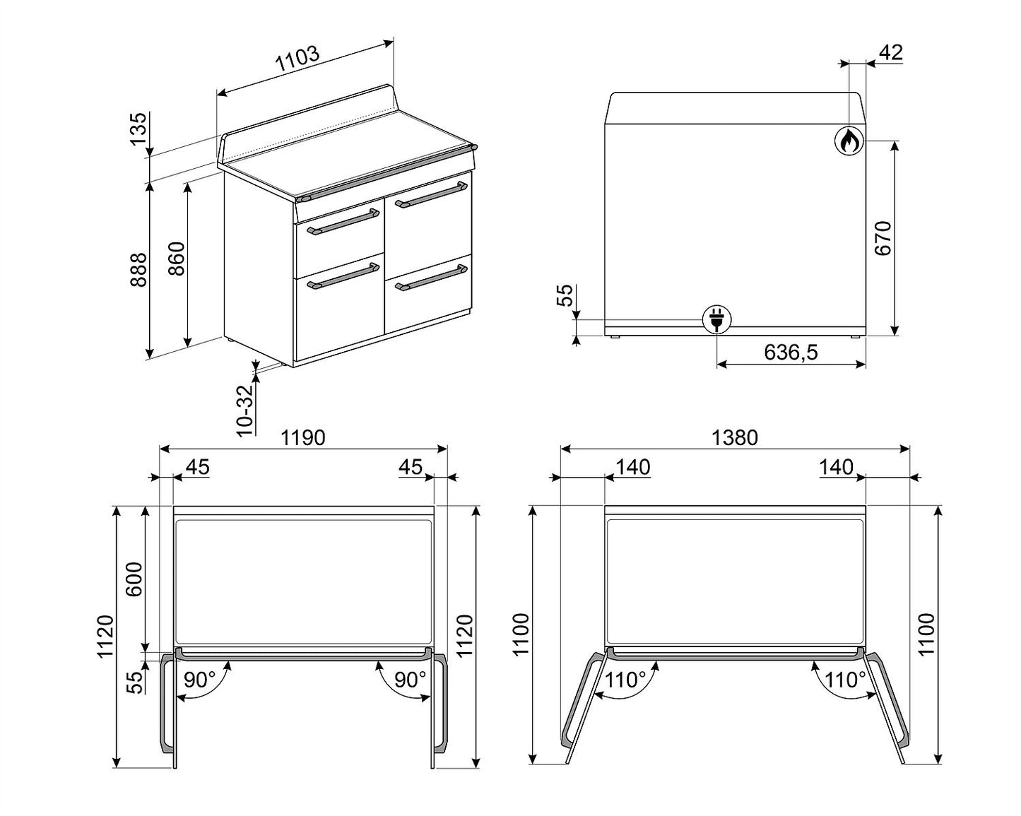 COCINA SMEG MIXTA 110 CM ACERO TR4110X1AR