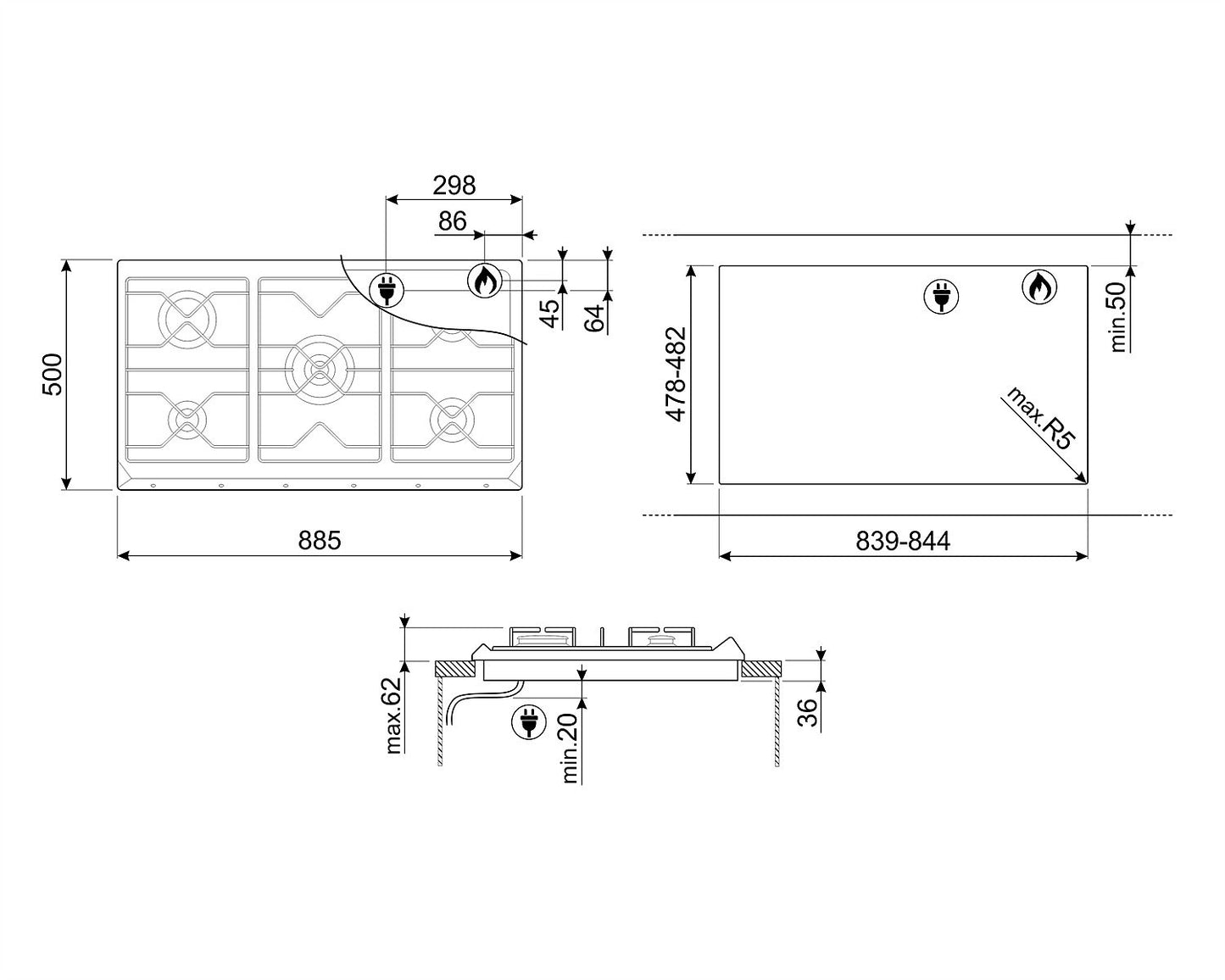 ANAFE SMEG GAS 90 CM 5H SRV596GH5AR